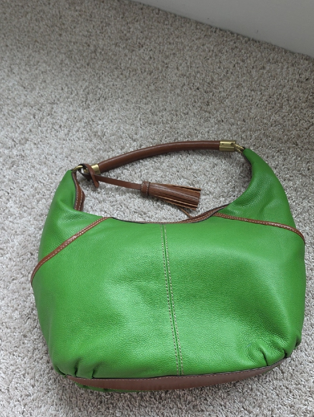 Green Leather Hobo Bag with Brown Trim